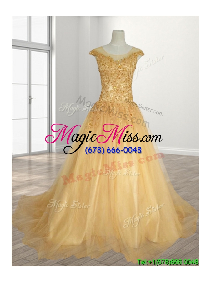 wholesale see through scoop a line beading quinceanera gown with brush train