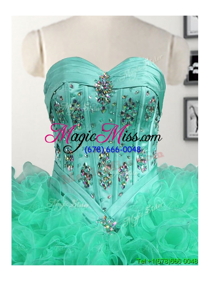 wholesale popular big puffy turquoise quinceanera dress with beading and ruffles