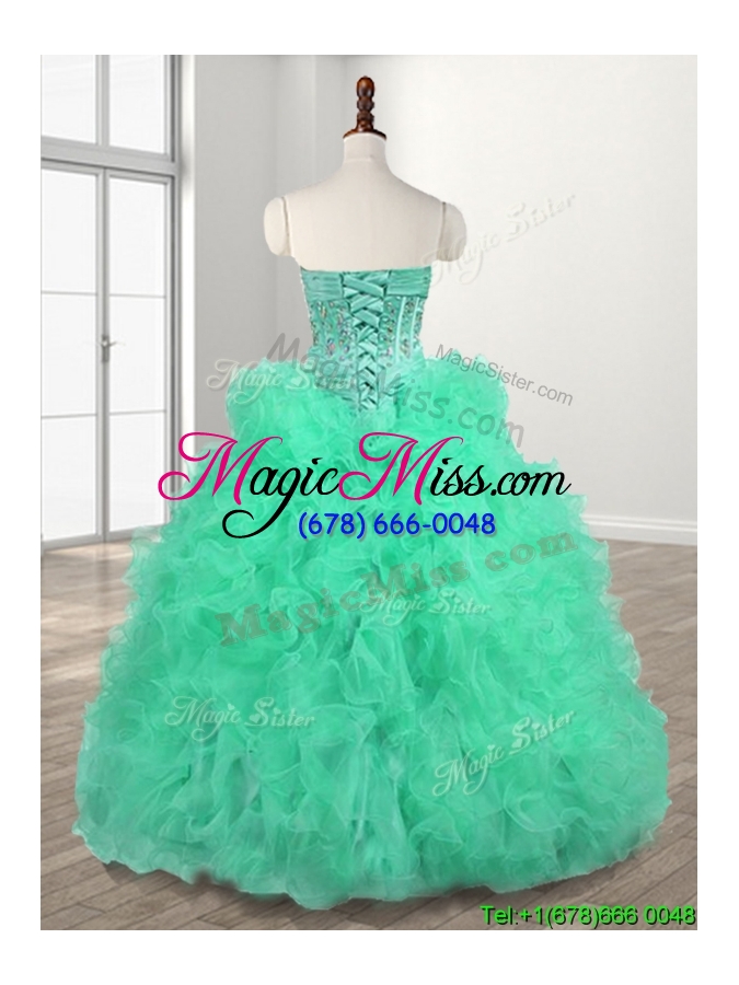 wholesale popular big puffy turquoise quinceanera dress with beading and ruffles