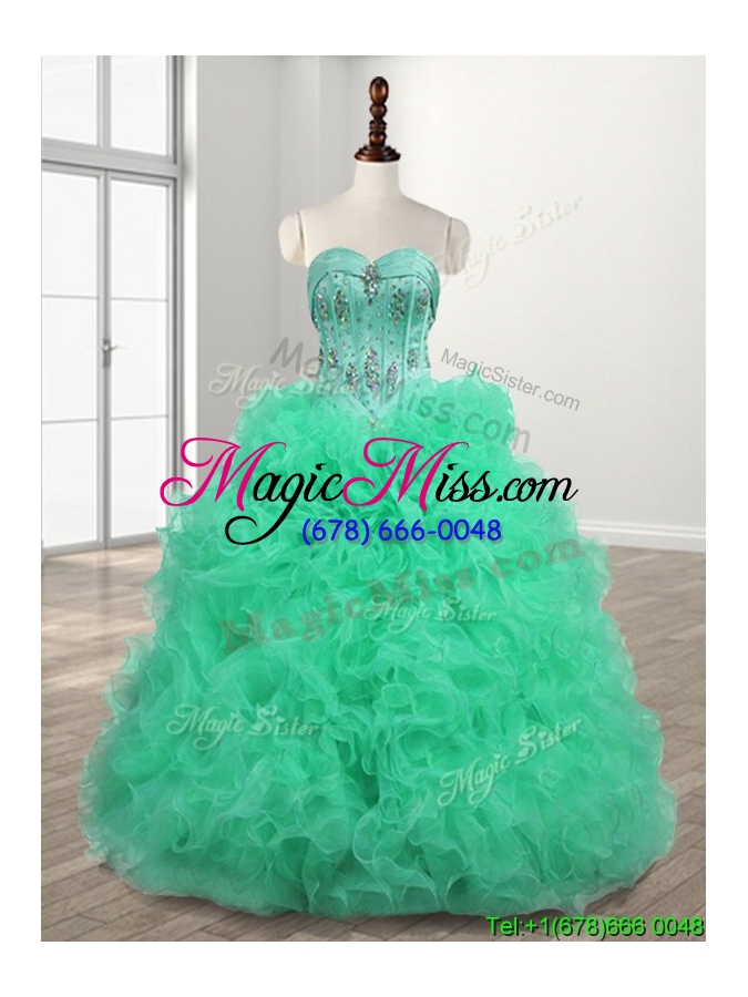 wholesale popular big puffy turquoise quinceanera dress with beading and ruffles