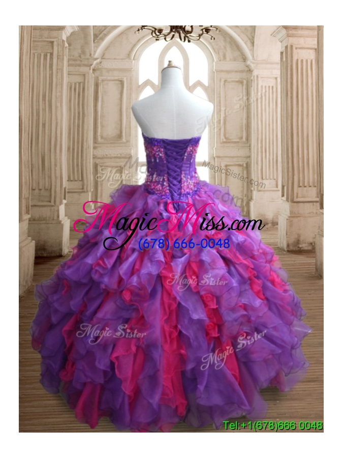 wholesale cheap applique and ruffled quinceanera dress in purple and hot pink