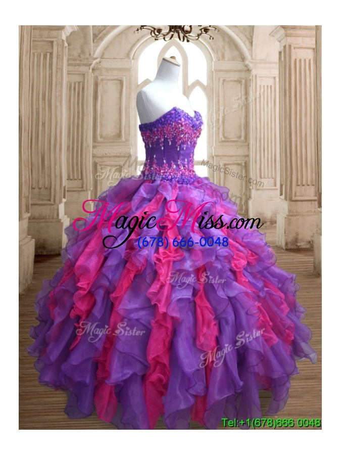 wholesale cheap applique and ruffled quinceanera dress in purple and hot pink