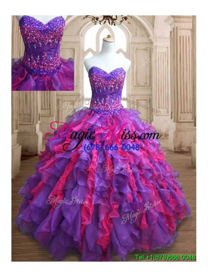 wholesale cheap applique and ruffled quinceanera dress in purple and hot pink