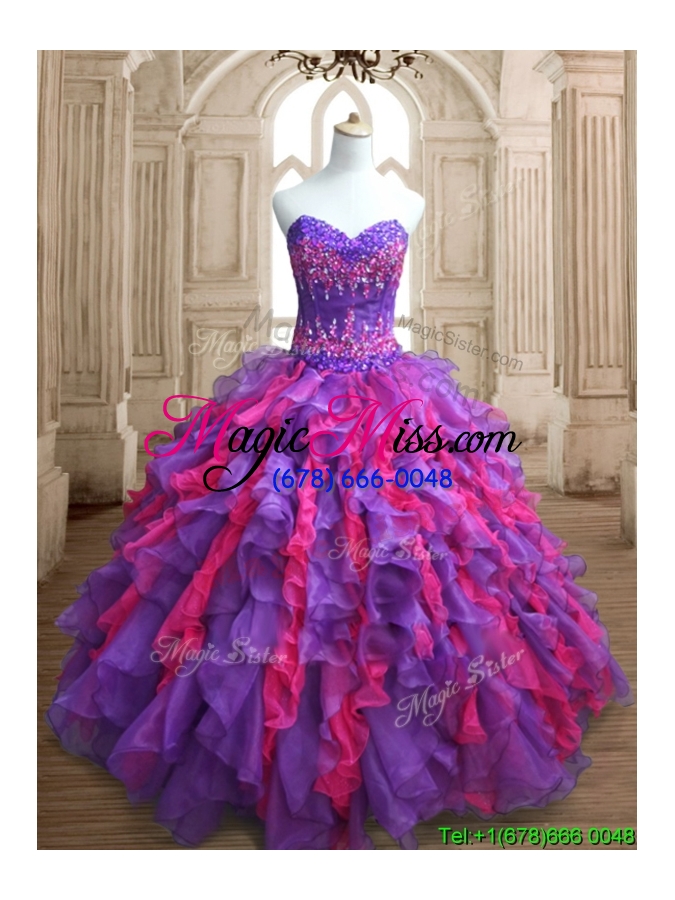 wholesale cheap applique and ruffled quinceanera dress in purple and hot pink