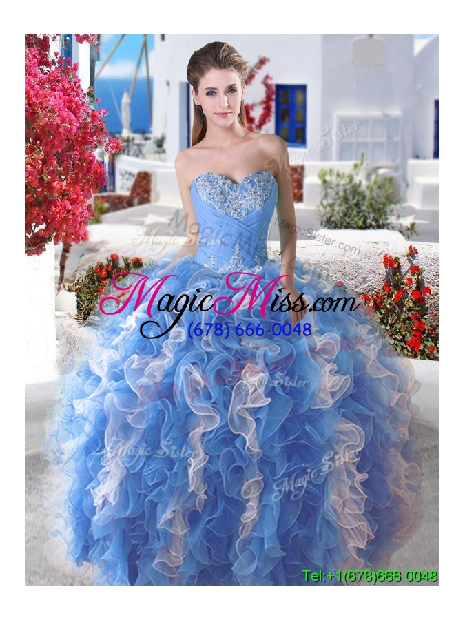 wholesale pretty blue and white organza detachable sweet 16 dresses with appliques and ruffles