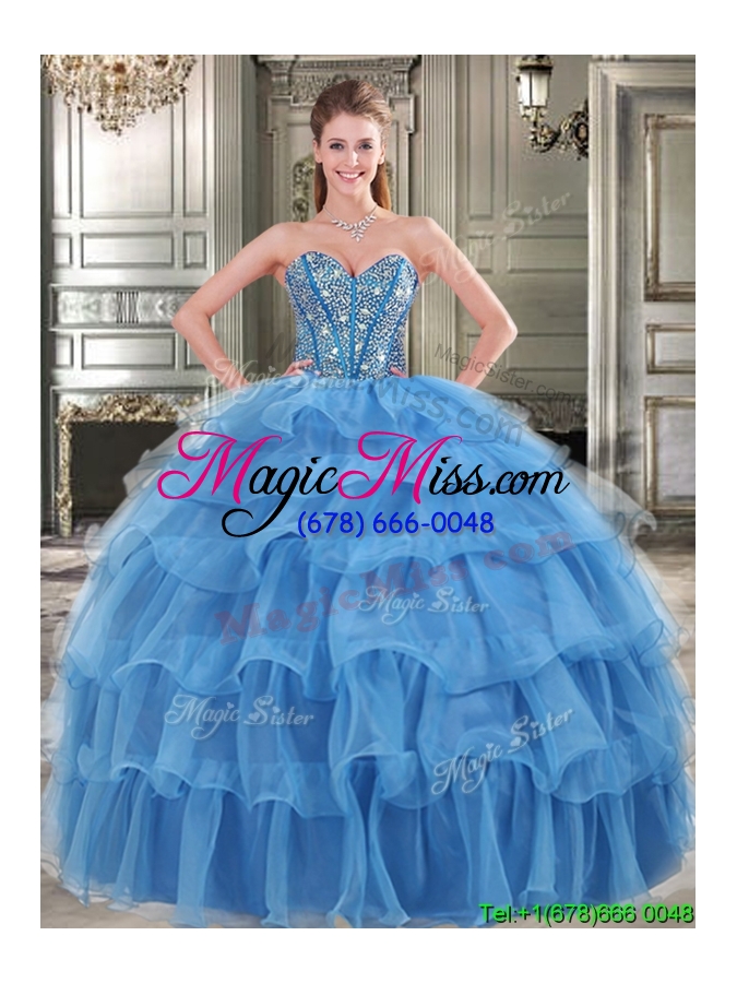 wholesale popular big puffy blue detachable tulle quinceanera dresses with beading and ruffled layers