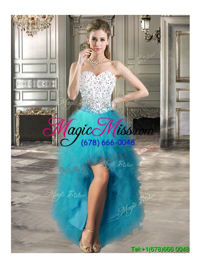 wholesale affordable beaded and ruffled detachable quinceanera dresses in teal and white