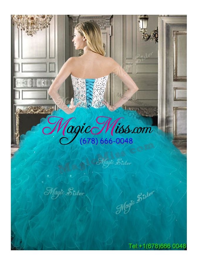 wholesale affordable beaded and ruffled detachable quinceanera dresses in teal and white