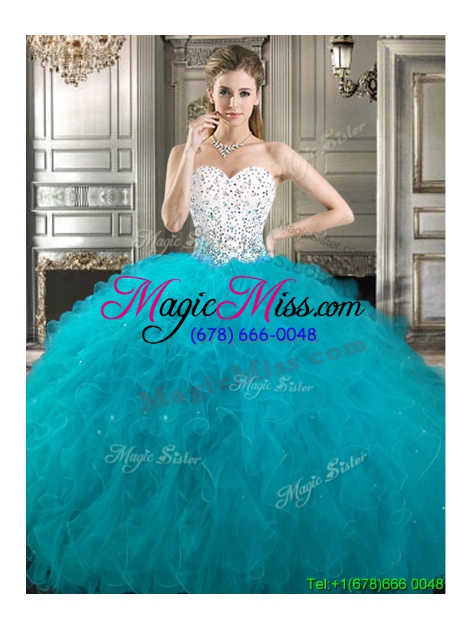 wholesale affordable beaded and ruffled detachable quinceanera dresses in teal and white