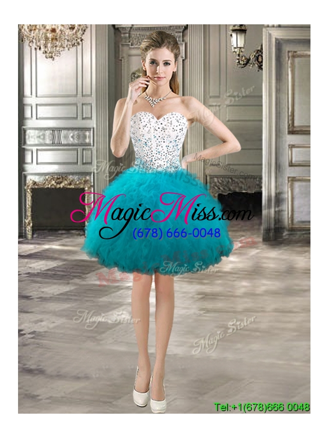 wholesale affordable beaded and ruffled detachable quinceanera dresses in teal and white