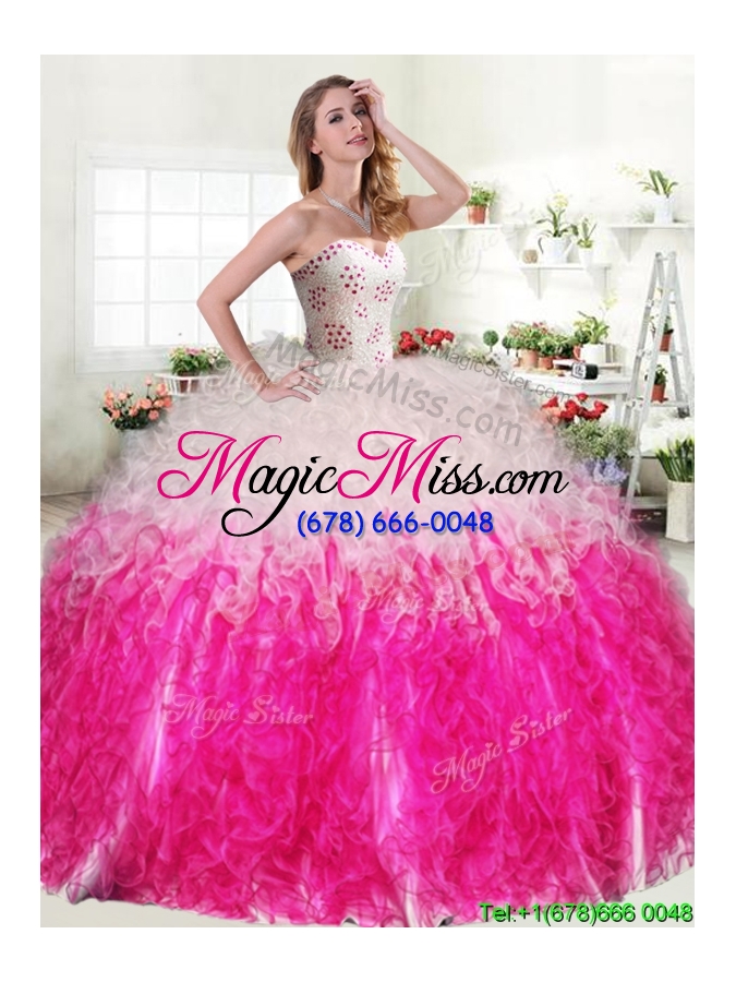 wholesale unique hot pink and white quinceanera dress with beading and ruffles