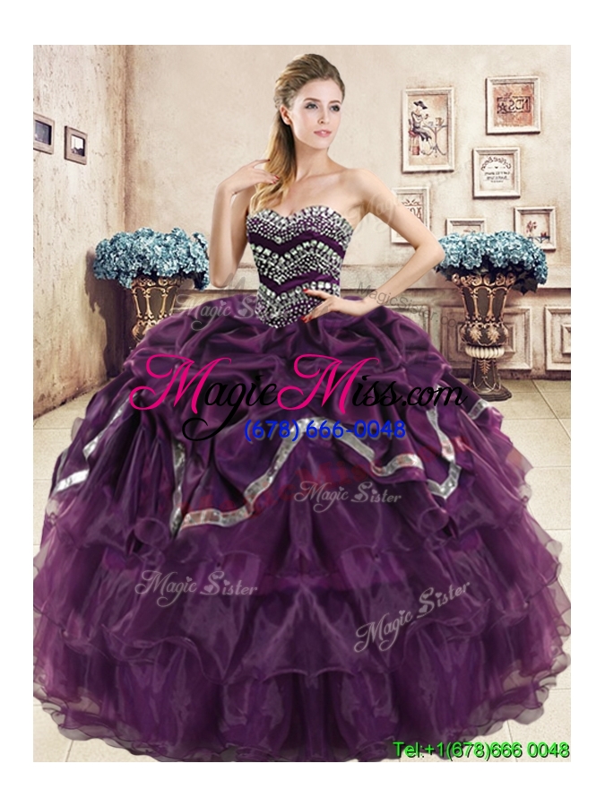 wholesale comfortable burgundy quinceanera dress with beading and pick ups