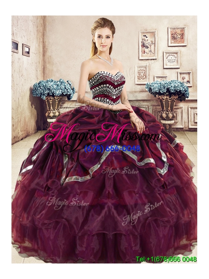 wholesale comfortable burgundy quinceanera dress with beading and pick ups