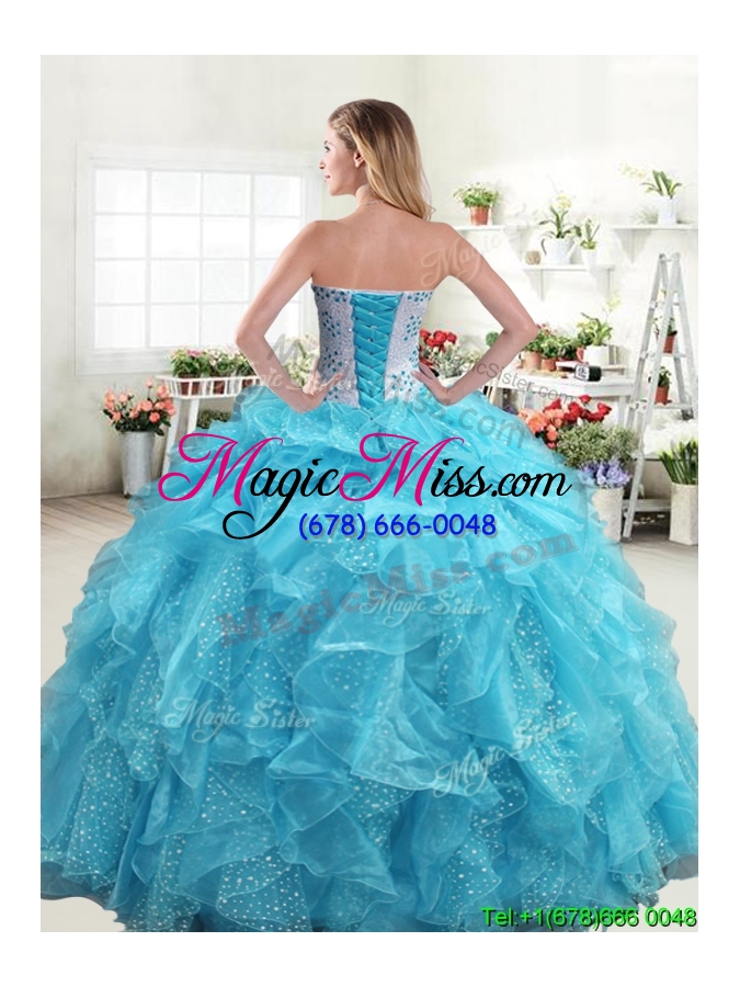 wholesale inexpensive beaded and ruffled turquoise quinceanera dress in organza