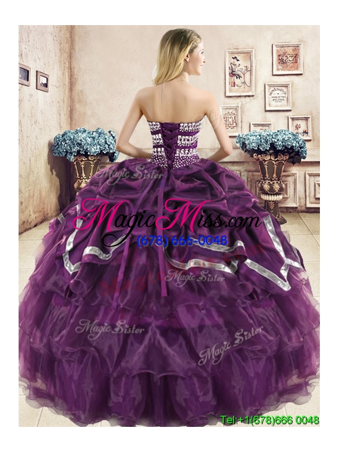 wholesale exquisite beaded and pick ups purple quinceanera dress in organza