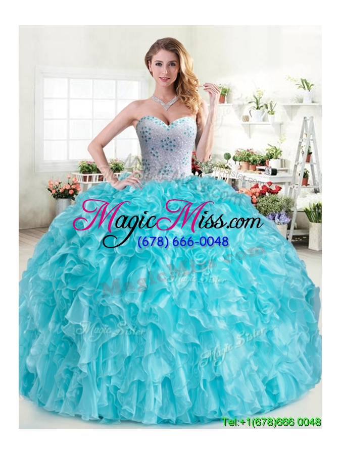 wholesale modest beaded and ruffled organza quinceanera dress in hot pink