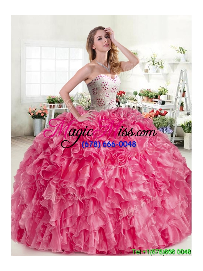 wholesale modest beaded and ruffled organza quinceanera dress in hot pink