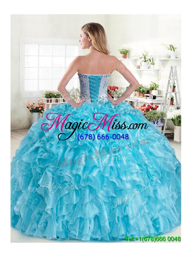 wholesale modest beaded and ruffled organza quinceanera dress in hot pink