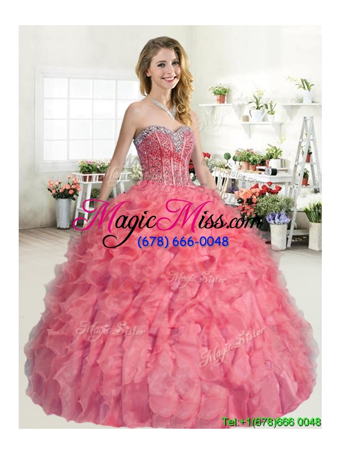 wholesale perfect beaded and ruffled quinceanera dress in coral red