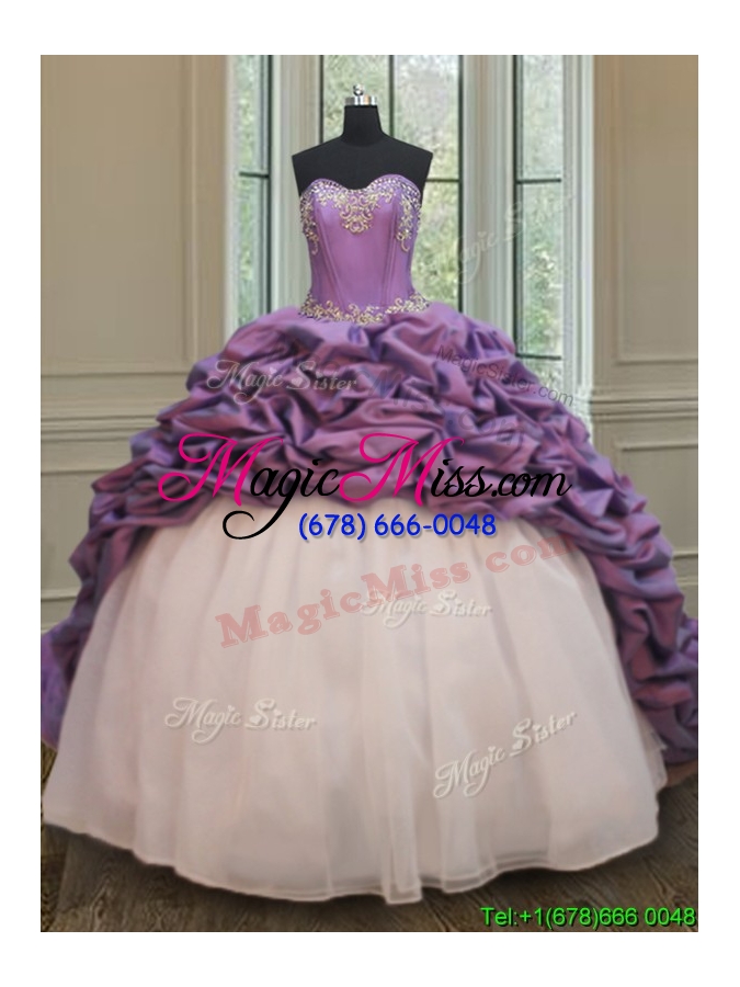 wholesale 2017 popular organza and taffeta white and purple quinceanera dress with court train