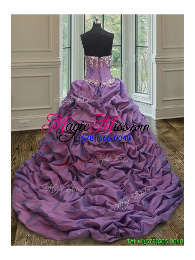 wholesale 2017 popular organza and taffeta white and purple quinceanera dress with court train