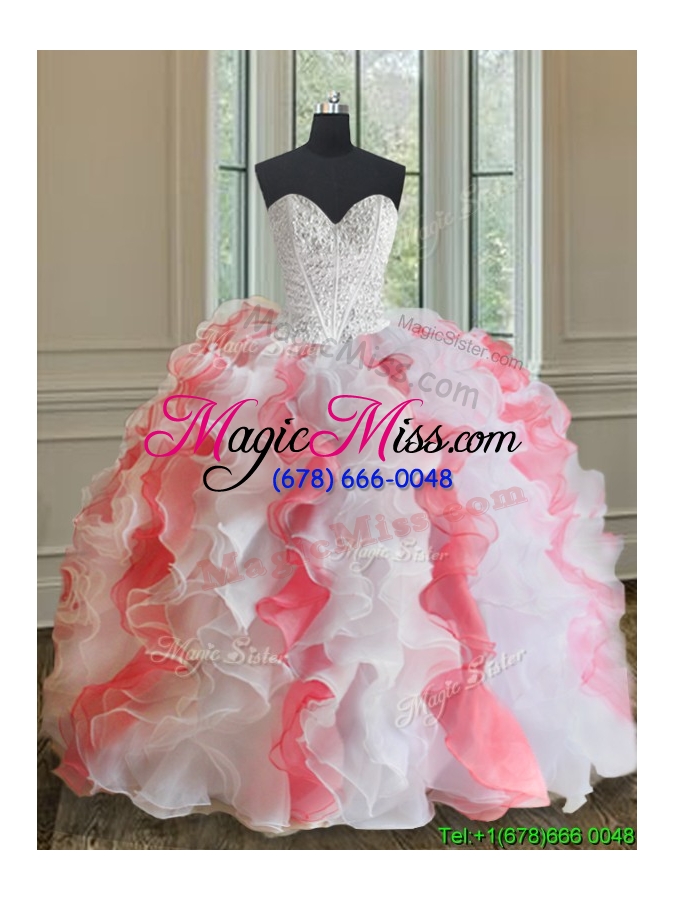 wholesale popular brush train white and coral red quinceanera dress with beading and ruffles