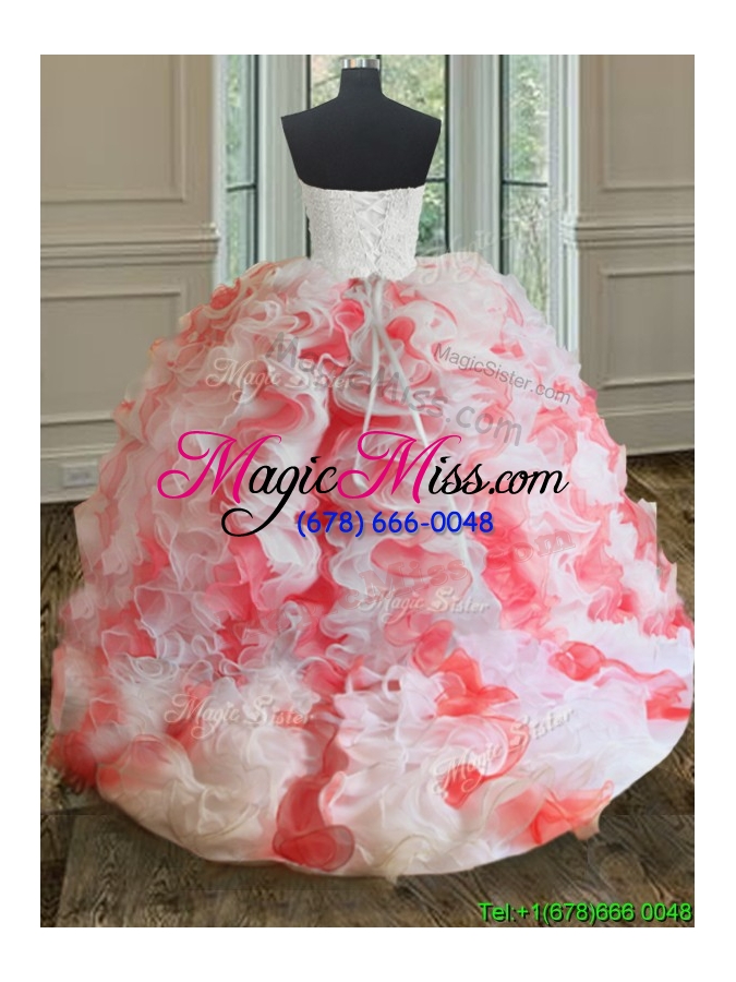 wholesale popular brush train white and coral red quinceanera dress with beading and ruffles