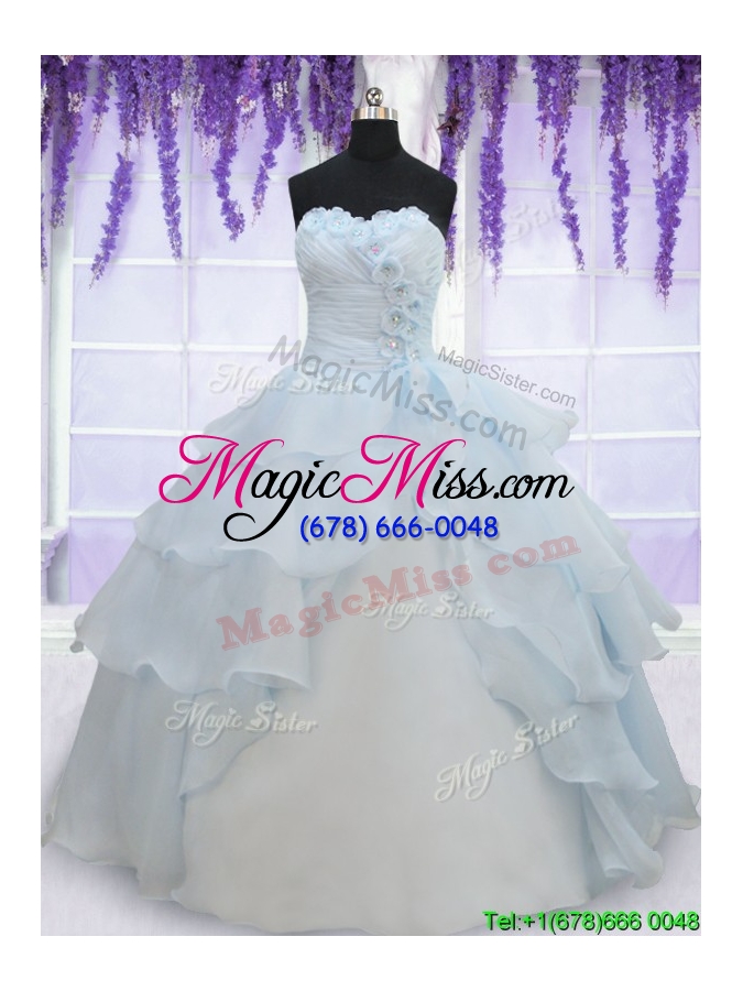 wholesale pretty light blue organza quinceanera dress with appliques and ruffled layers