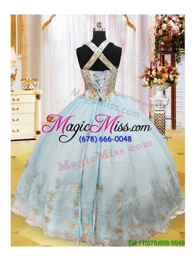 wholesale summer luxurious halter top gold appliques quinceanera dress in light blue