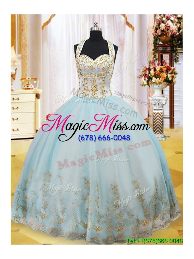 wholesale summer luxurious halter top gold appliques quinceanera dress in light blue