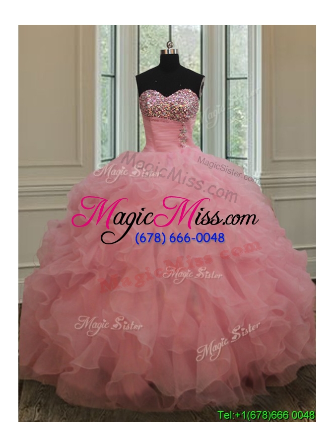 wholesale 2017 new style beaded and ruffled pink quinceanera dress in organza