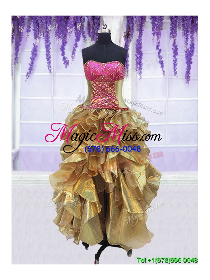 wholesale three piece laced beaded brush train detachable quinceanera dress in gold and hot pink