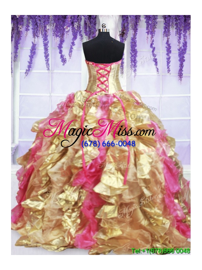 wholesale three piece laced beaded brush train detachable quinceanera dress in gold and hot pink