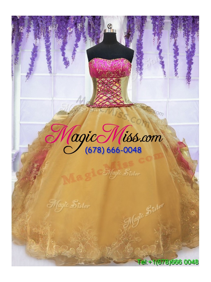 wholesale three piece laced beaded brush train detachable quinceanera dress in gold and hot pink