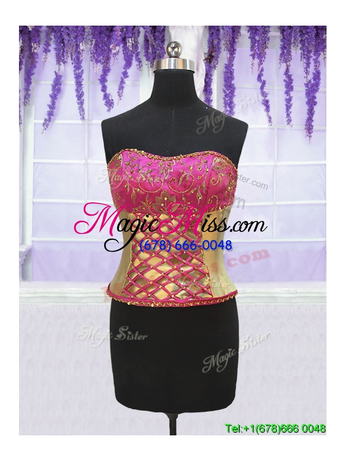 wholesale three piece laced beaded brush train detachable quinceanera dress in gold and hot pink