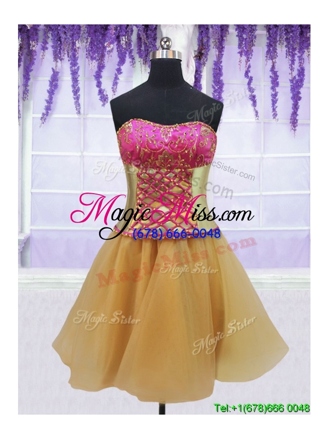 wholesale three piece laced beaded brush train detachable quinceanera dress in gold and hot pink