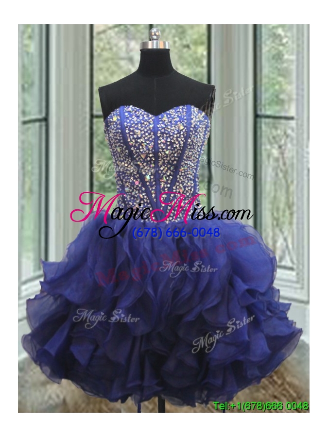 wholesale visible boning royal blue detachable quinceanera gown with beaded bodice and ruffles