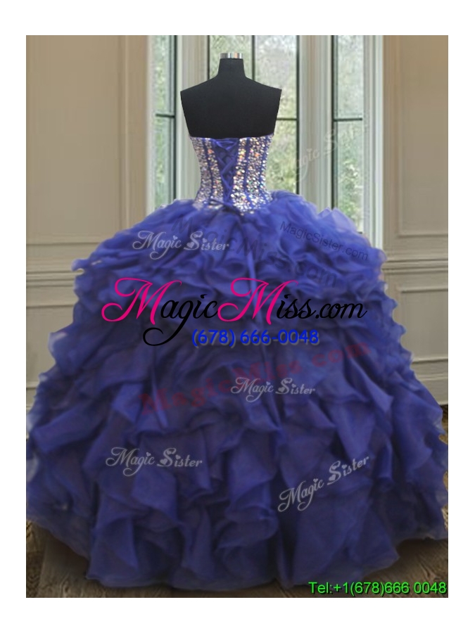 wholesale visible boning royal blue detachable quinceanera gown with beaded bodice and ruffles