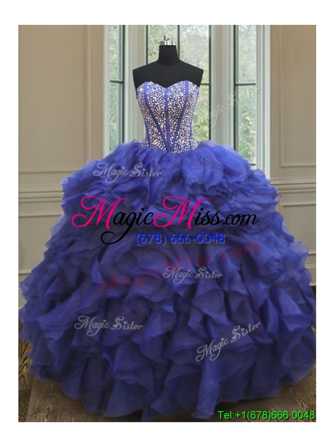 wholesale visible boning royal blue detachable quinceanera gown with beaded bodice and ruffles