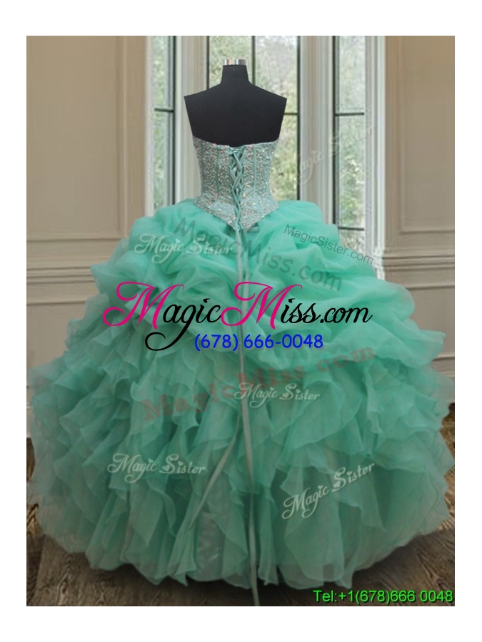 wholesale ruffled and bubble beaded bodice turquoise organza detachable quinceanera dress