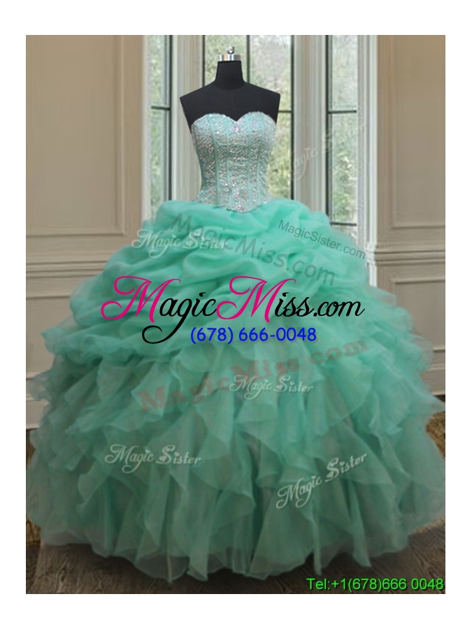 wholesale ruffled and bubble beaded bodice turquoise organza detachable quinceanera dress