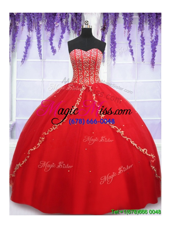 wholesale cheap visible boning applique and beaded bodice quinceanera dress in red