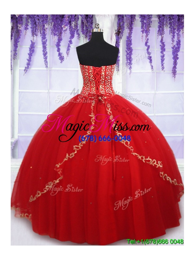 wholesale cheap visible boning applique and beaded bodice quinceanera dress in red