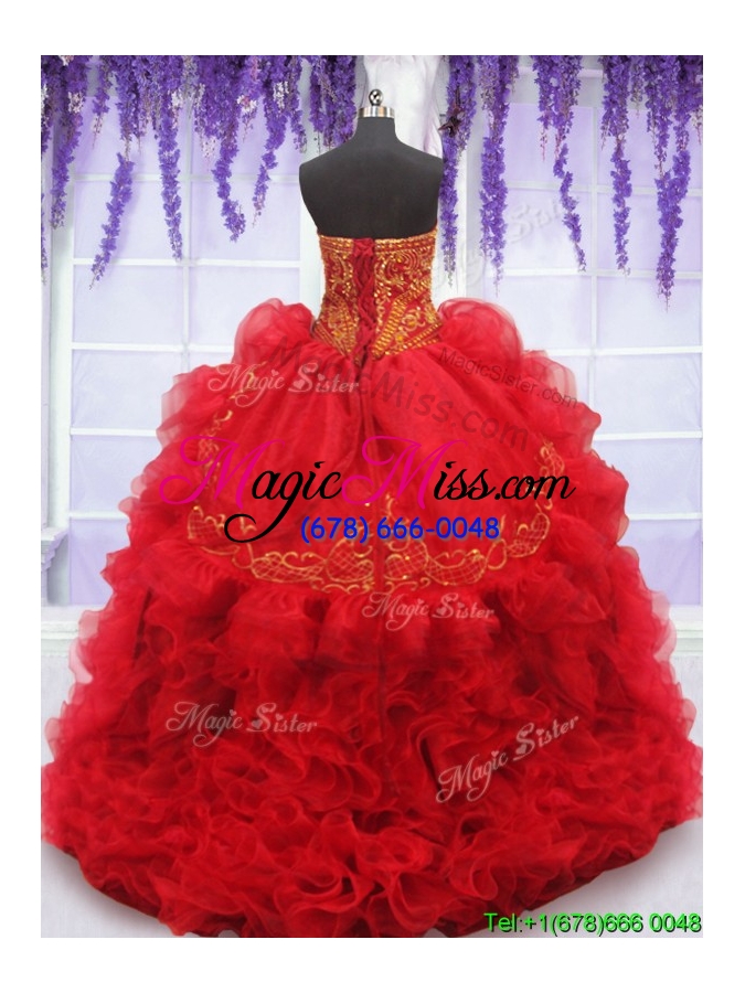 wholesale fashionable embroideried and ruffled red quinceanera dress with brush train