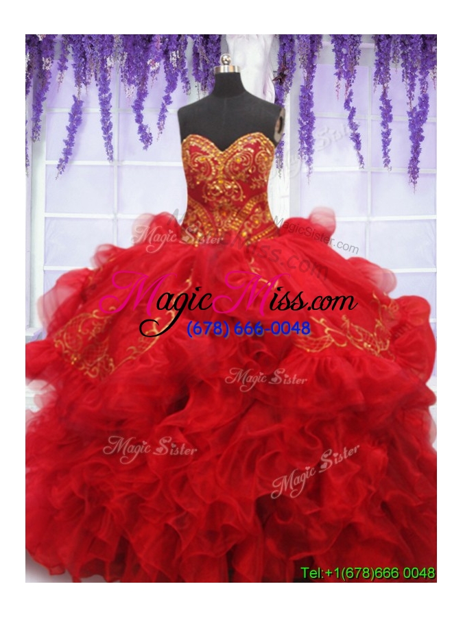 wholesale fashionable embroideried and ruffled red quinceanera dress with brush train