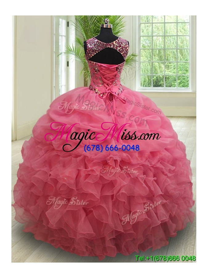 wholesale best selling see through bateau watermelon quinceanera dress with beading