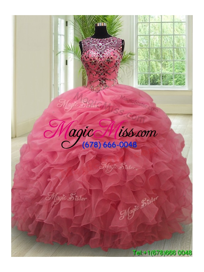 wholesale best selling see through bateau watermelon quinceanera dress with beading