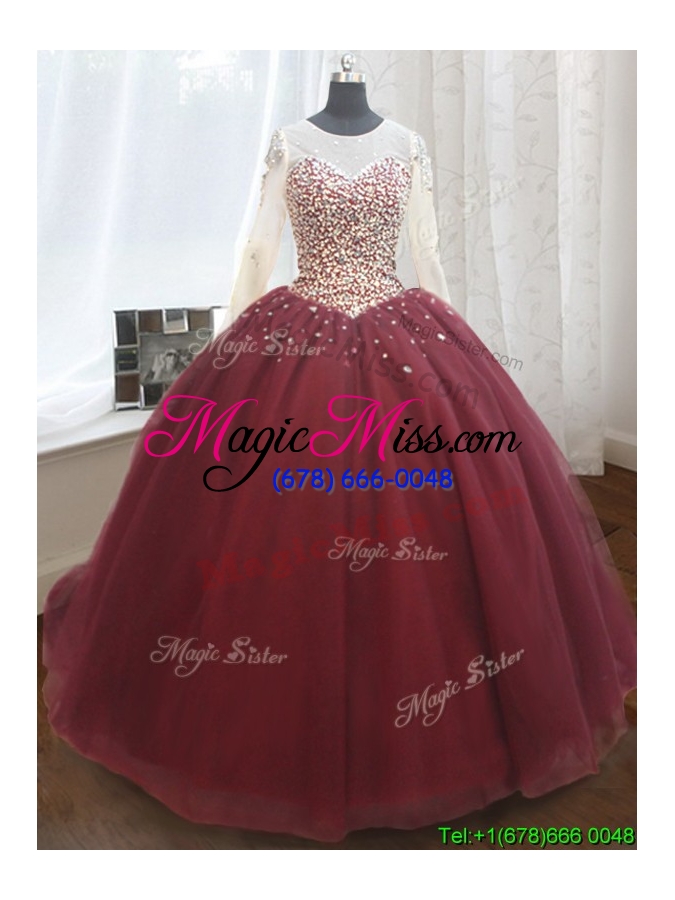 wholesale elegant see through scoop brush train quinceanera dress with long sleeves