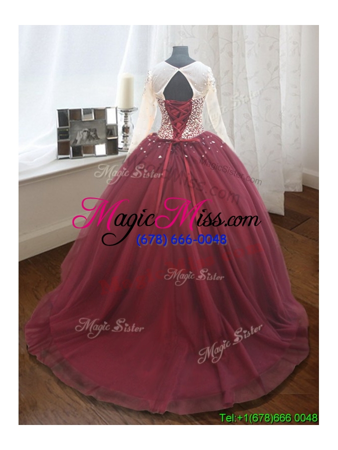 wholesale elegant see through scoop brush train quinceanera dress with long sleeves