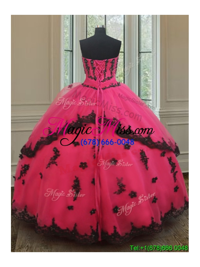 wholesale exquisite strapless black and hot pink quinceanera dress with appliques